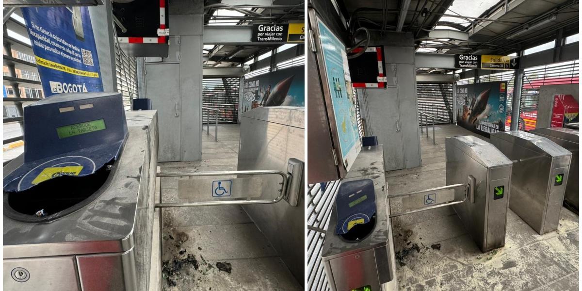 Estación de TrasMilenio incendiada por vándalos