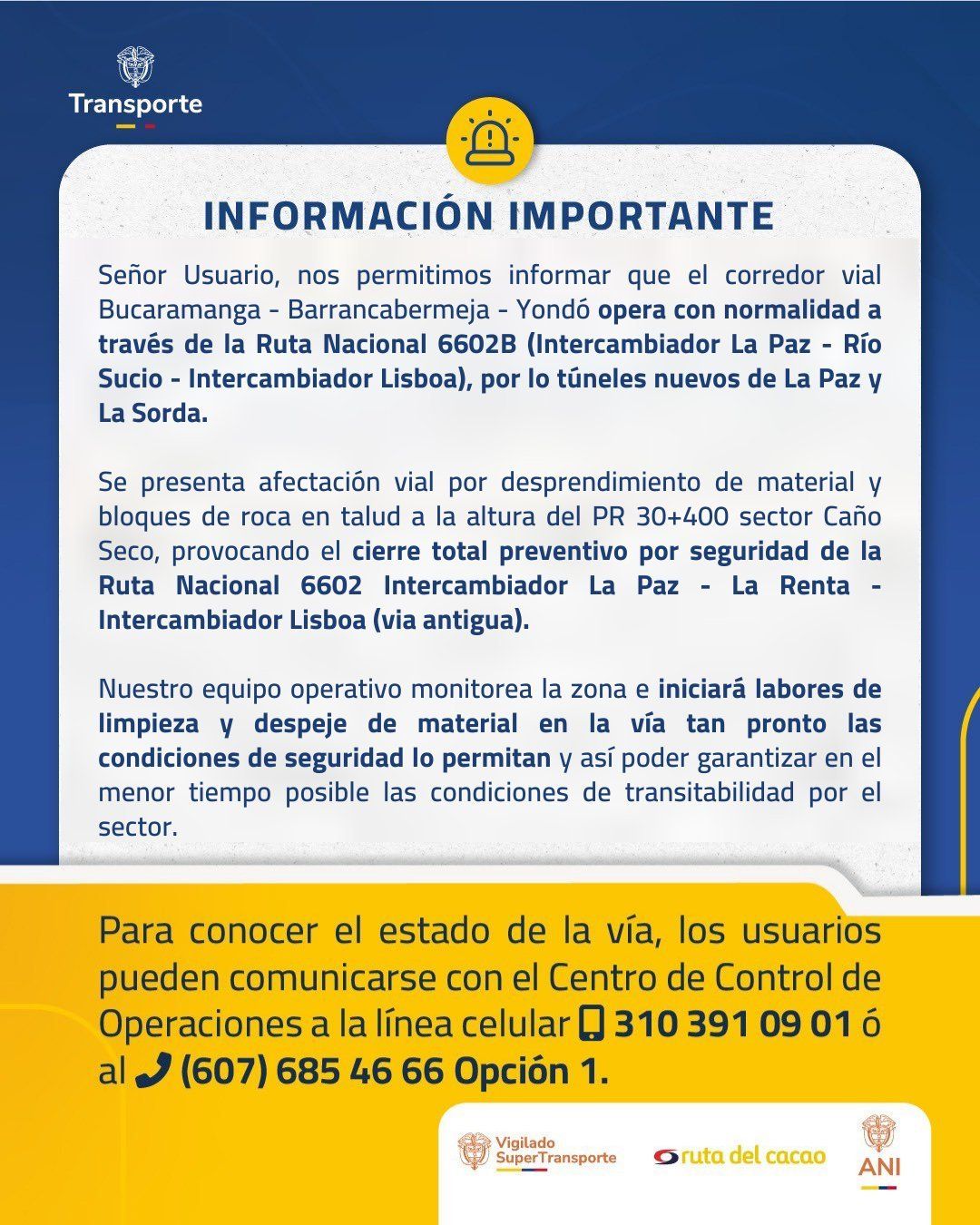Caída de rocas y un derrumbe tienen cerrada la vía a Barrancabermeja