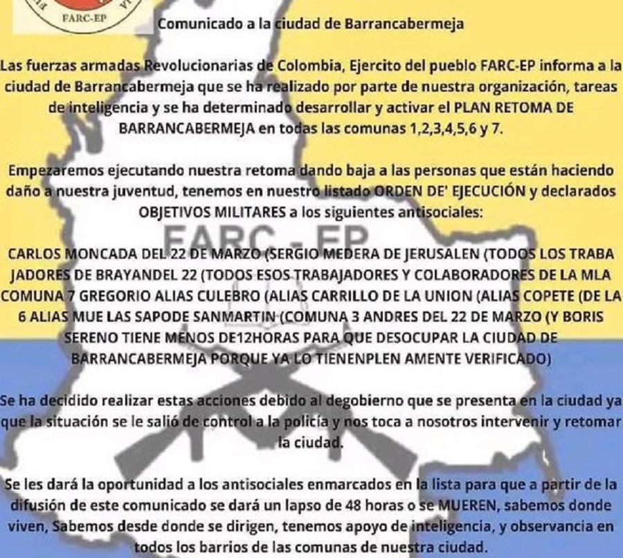Barrancabermeja en alerta máxima por panfletos de disidencias de las Farc