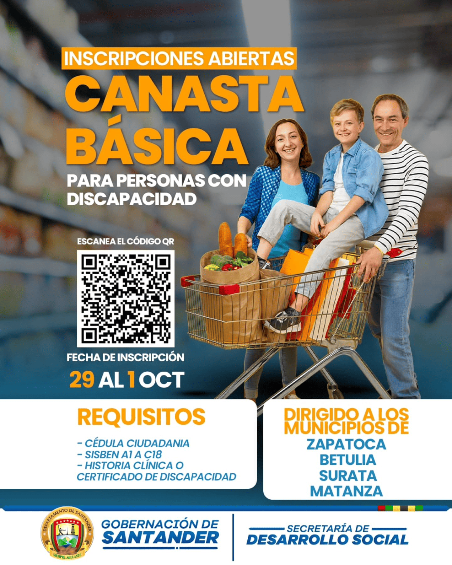 Ya puedes inscribirte: Gobernación de Santander entregará canasta básica a personas con discapacidad