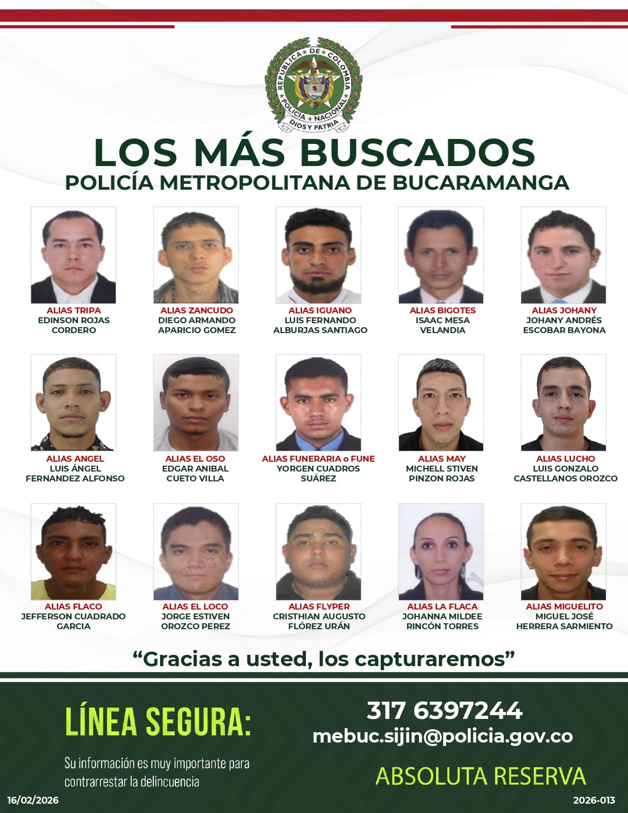Bolsa de 200 millones de pesos por informes de los 15 más buscados en Bucaramanga