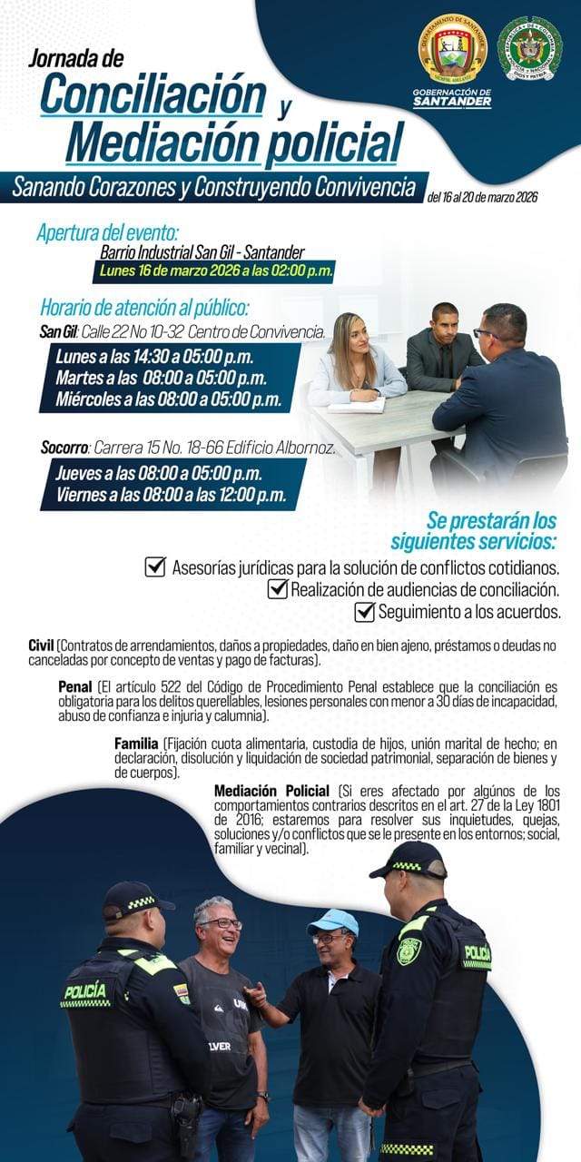 Policía invita a jornada de conciliación y mediación en San Gil y El Socorro