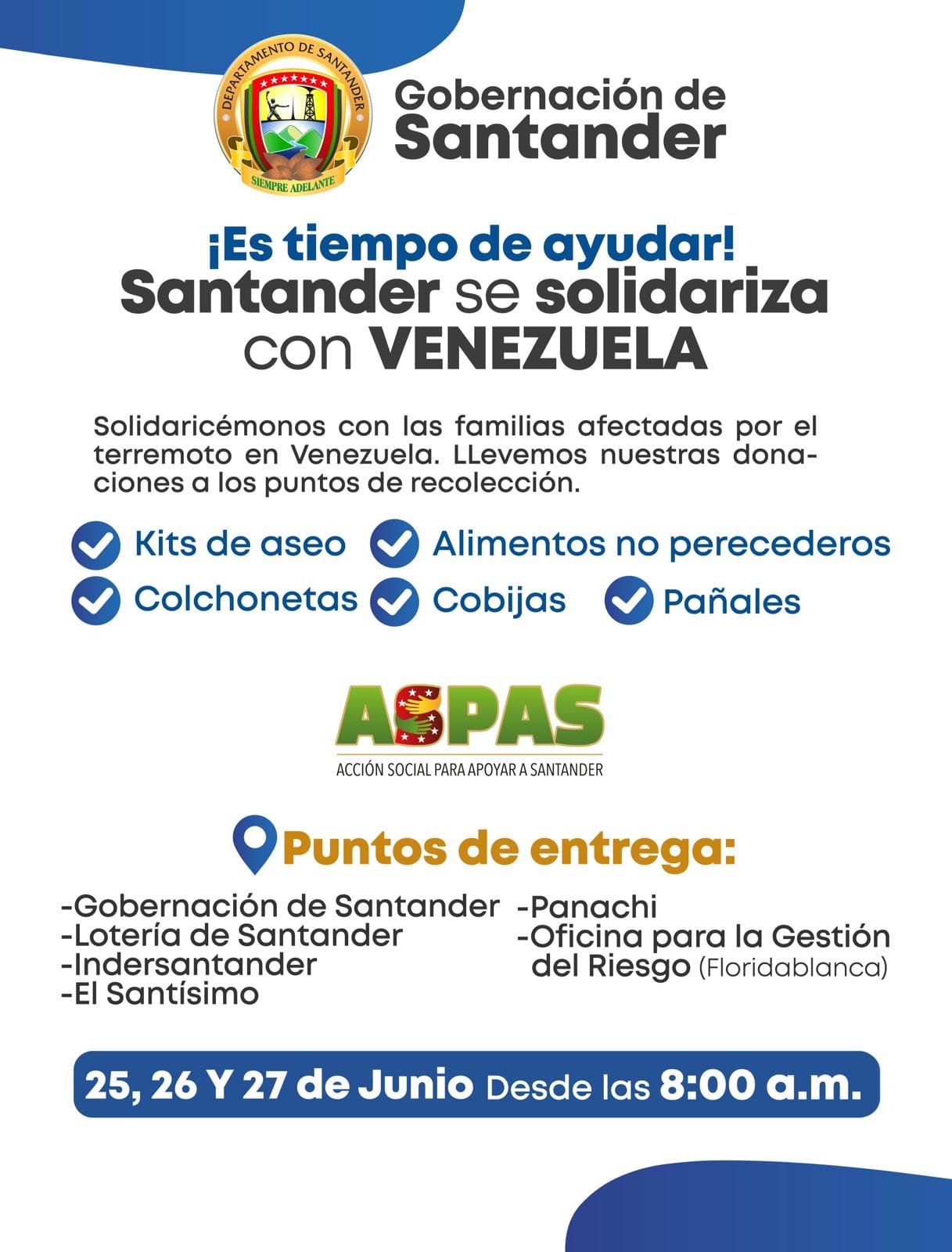 Santander inicia campaña de ayudas para damnificados por terremoto en Venezuela