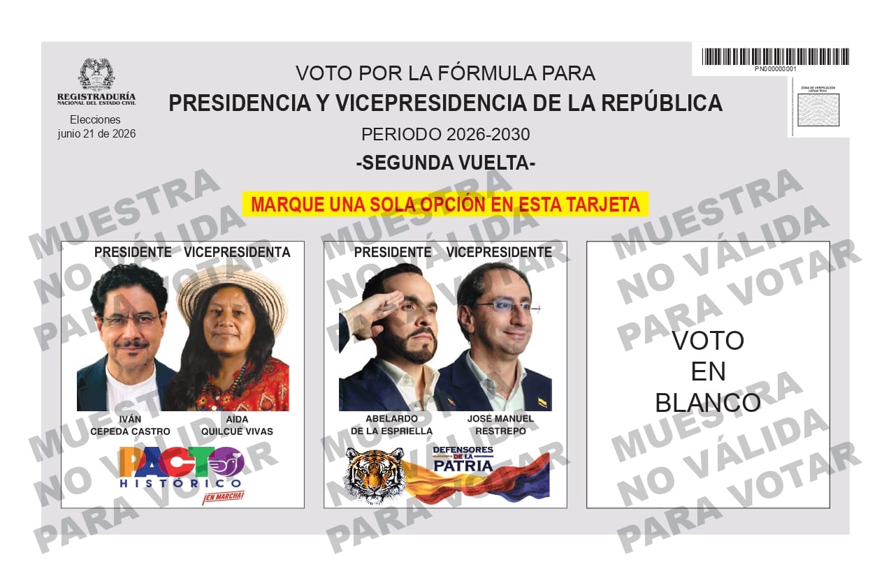 Así será el tarjetón de la segunda vuelta presidencial del 21 de junio