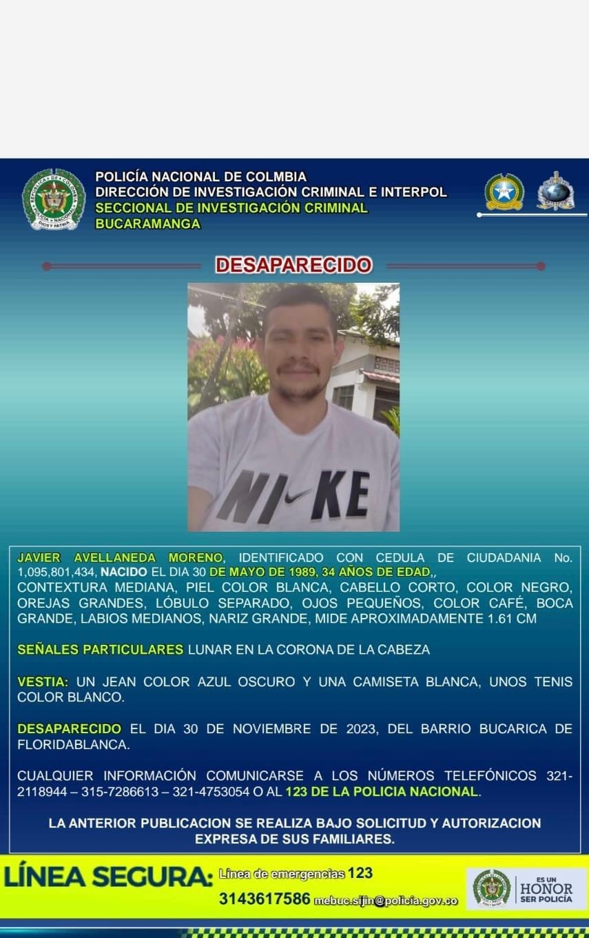Javier Avellaneda está perdido en Bucaramanga hace una semana imagen de la publicación