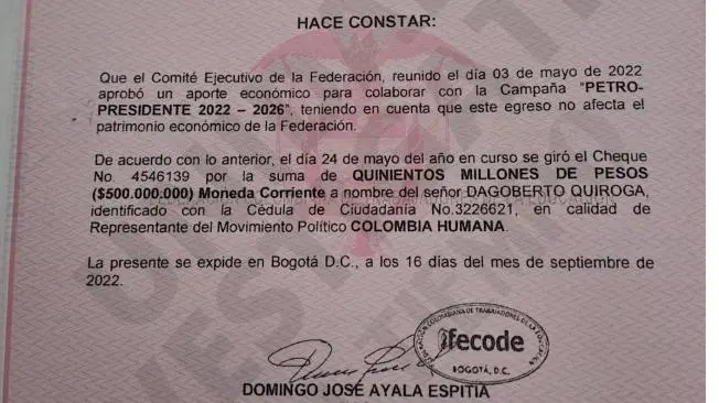 Fecode aportó 500 millones de pesos a la campaña de Petro imagen de la publicación