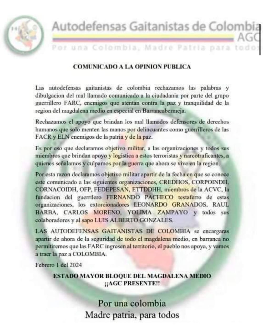Panfletos amenazantes contra líderes sociales en Barrancabermeja imagen de la publicación