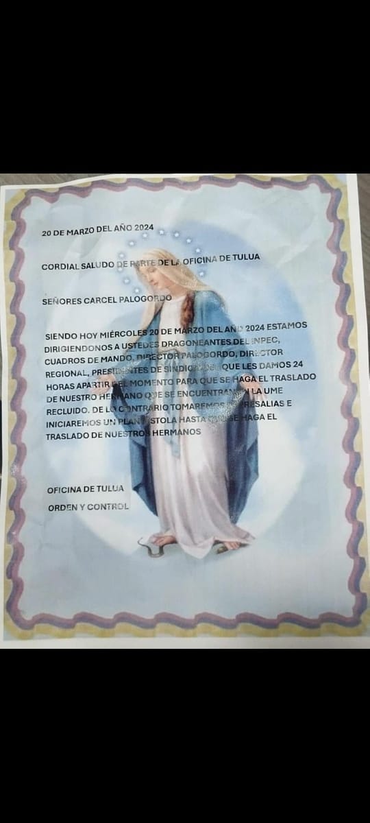Con panfleto criminales presionan traslados desde Palogordo imagen de la publicación