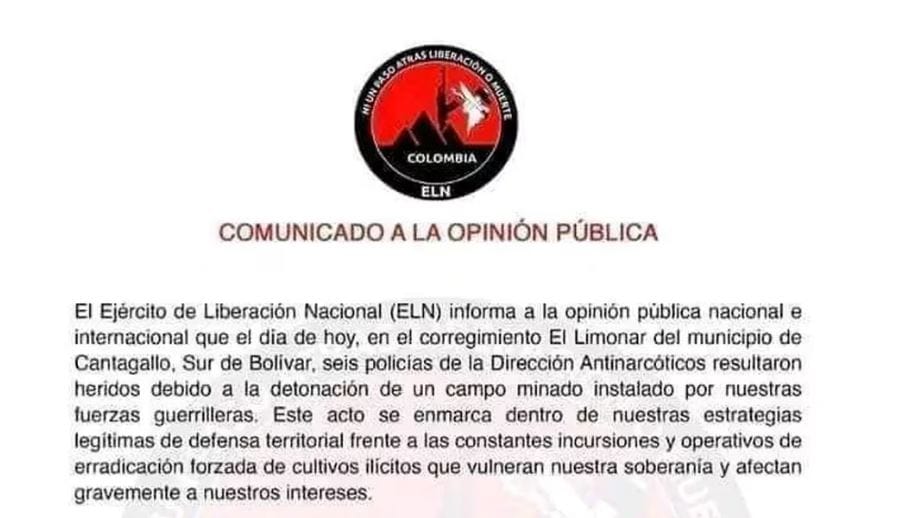 Desmienten aparente comunicado del ELN sobre policías heridos en Cantagallo imagen de la publicación