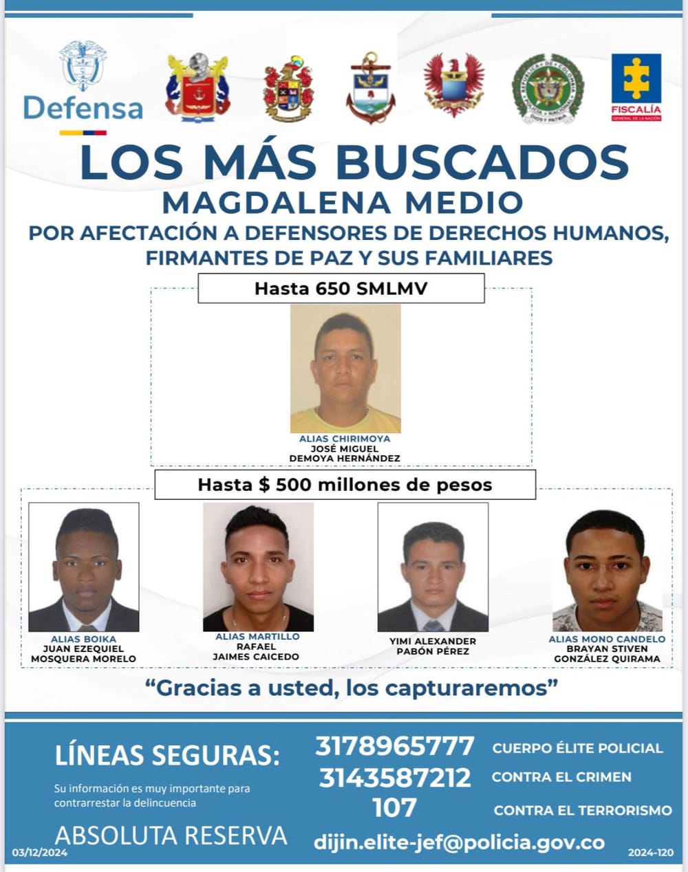 Autoridades revelaron cartel de los más buscados del Magdalena Media imagen de la publicación