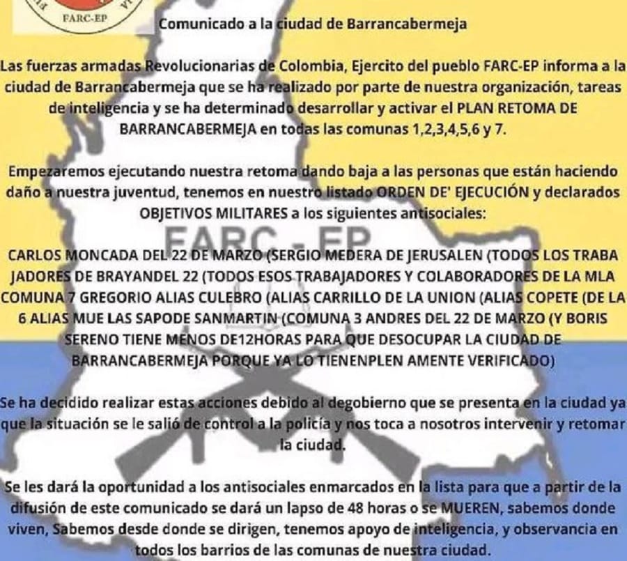 Barrancabermeja en alerta máxima por panfletos de disidencias de las Farc imagen de la publicación