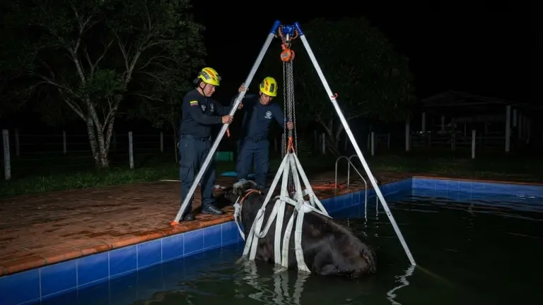 ¡De milagro! Vaca preñada cayó a una piscina en una finca de Bucaramanga y tuvo que ser rescatada por Bomberos imagen de la publicación