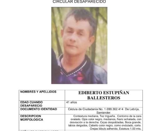 Dos meses completó desaparecido Ediberto Estupiñán en Lebrija